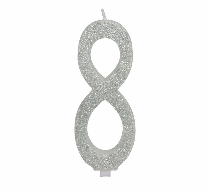 Zilveren Kaars 8 Jaar Glitter 12,5cm van Fiestas Guirca koop je bij Partywinkel