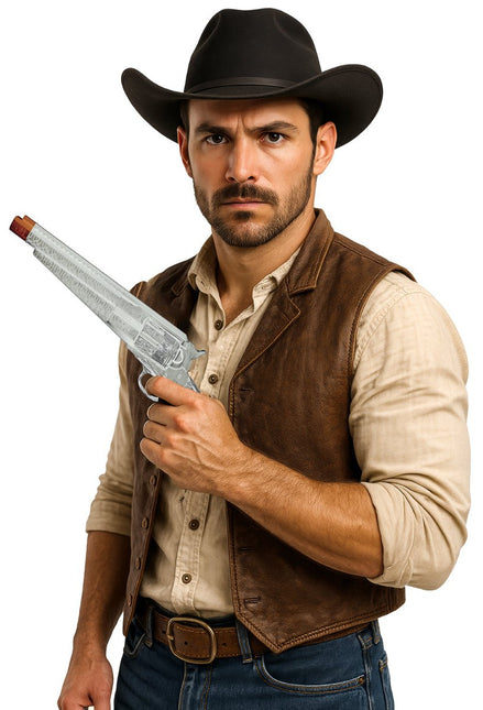 Zilveren Nep Pistool Lang 30cm van Fiestas Guirca koop je bij Partywinkel