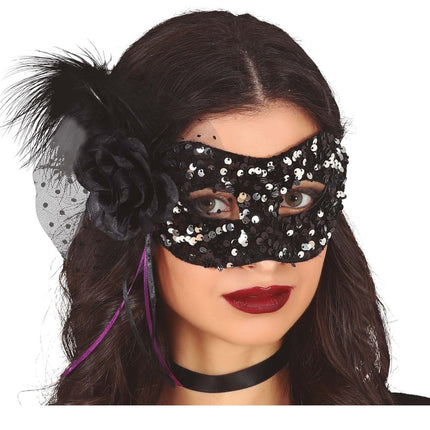 Zwart Oogmasker Bloem Pailletten van Fiestas Guirca koop je bij Partywinkel