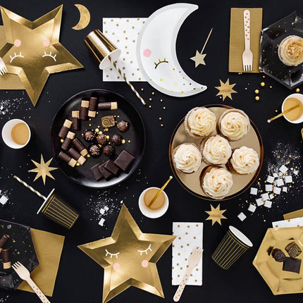 Zwarte Borden Gouden Sterren 20cm 6st van Partydeco koop je bij Partywinkel