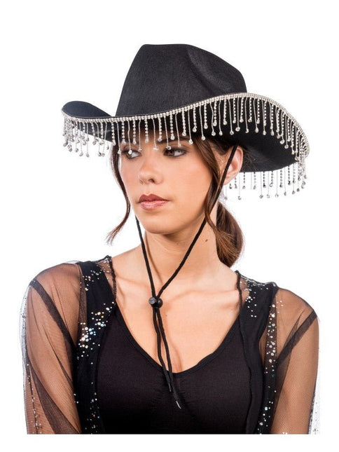 Zwarte Cowboyhoed met Hangende Strass One Size van CHAKS koop je bij Partywinkel