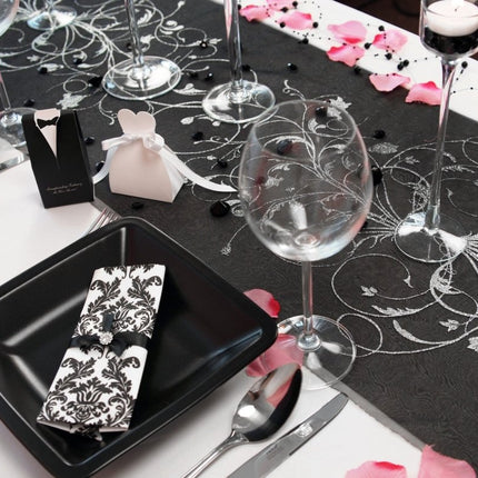 Zwarte Organza Stof Zilveren Bloemen 36cm 9m van Partydeco koop je bij Partywinkel