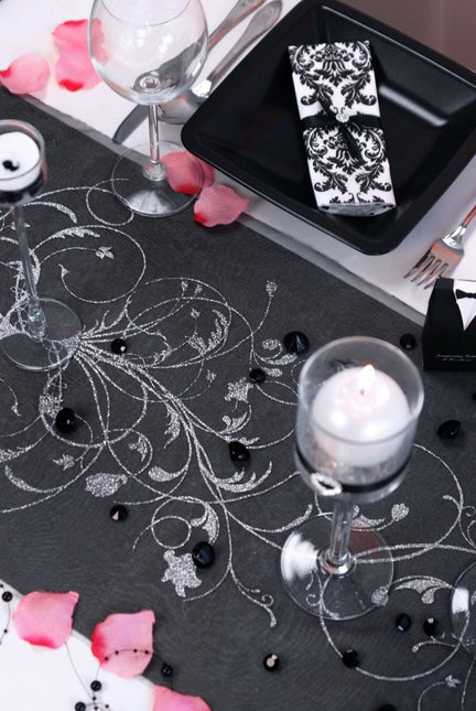 Zwarte Organza Stof Zilveren Bloemen 36cm 9m van Partydeco koop je bij Partywinkel