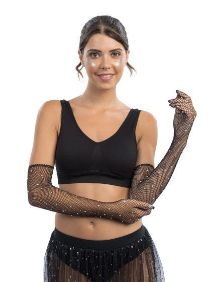 Zwarte Visnet Handschoenen met Strass 45cm van CHAKS koop je bij Partywinkel