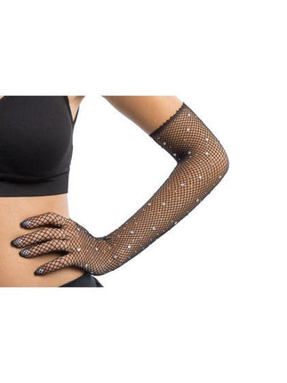 Zwarte Visnet Handschoenen met Strass 45cm van CHAKS koop je bij Partywinkel