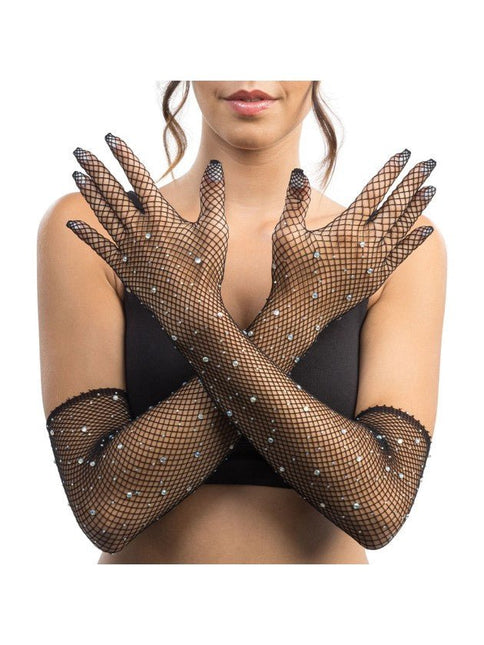Zwarte Visnet Handschoenen met Strass 45cm van CHAKS koop je bij Partywinkel